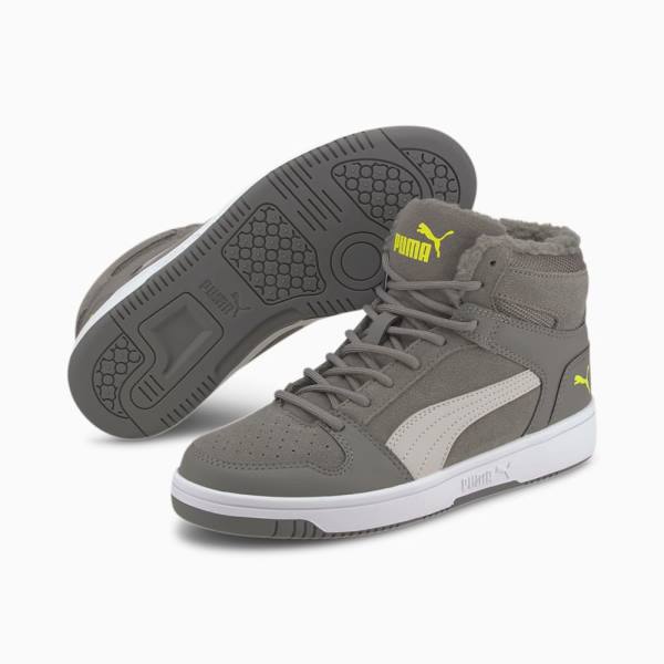 Puma Rebound Lay-Up Fur SD Youth Fiú Téli Cipő Szürke Zöld Fehér | HU05785