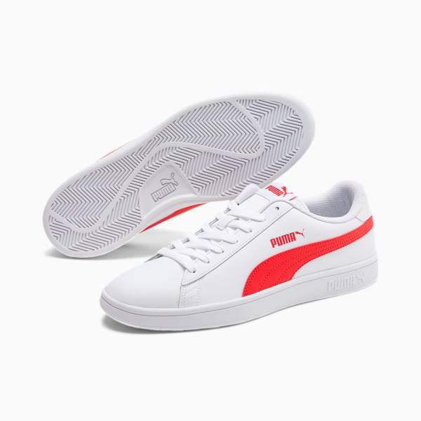 Puma Smash v2 Bőr Női Tornacipő Fehér Piros Szürke | HU81109